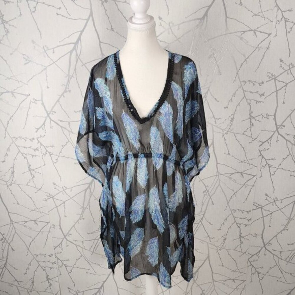 Jessica Black Sheer Chiffon Feather Print Sequin Beach Cover Dress